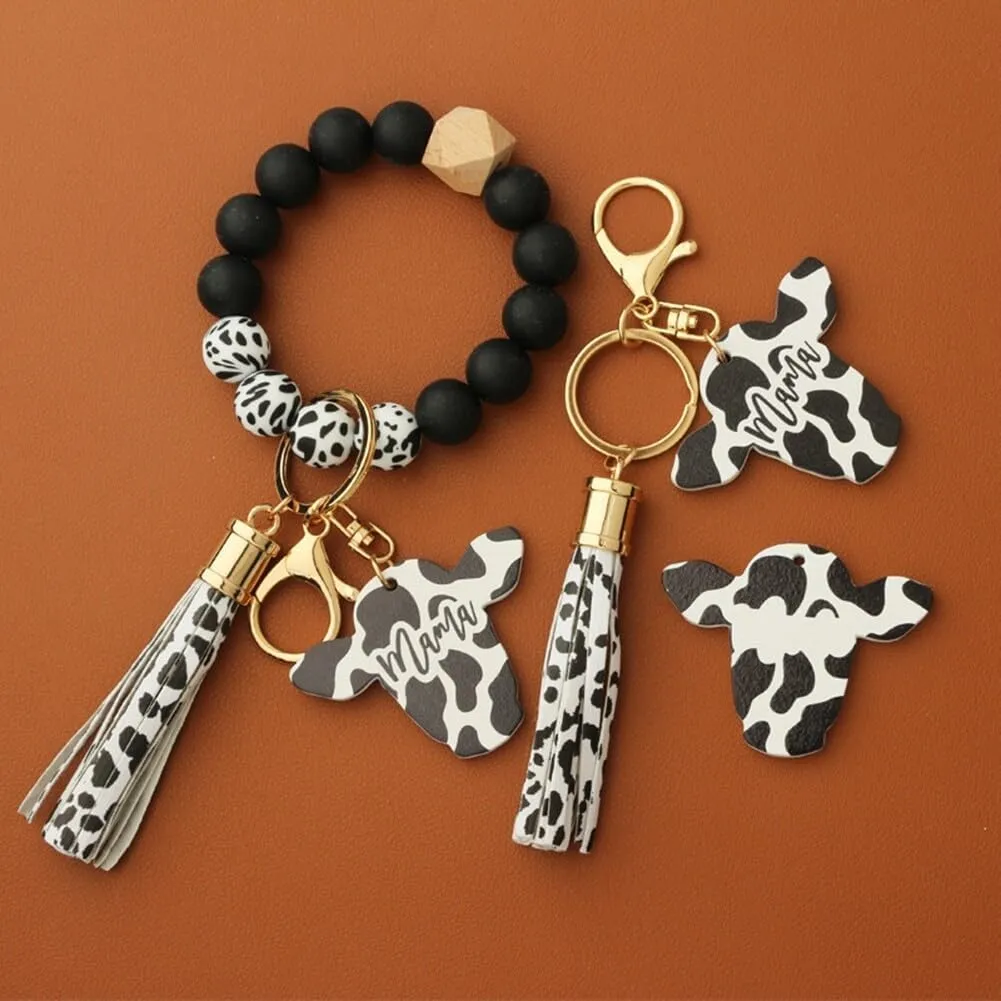 Keychain Bracelet Wristlet with Tassel, Silicone Cow Print Beaded Key Ring Bracelet with Card Wallet, Cute Boho Car Key Chain Wristlet Elastic Keyring Bangle for Womens Protection, Type 5