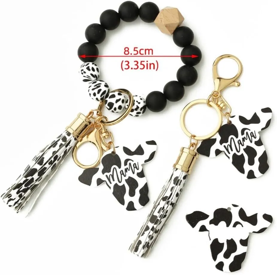 Keychain Bracelet Wristlet with Tassel, Silicone Cow Print Beaded Key Ring Bracelet with Card Wallet, Cute Boho Car Key Chain Wristlet Elastic Keyring Bangle for Womens Protection, Type 5