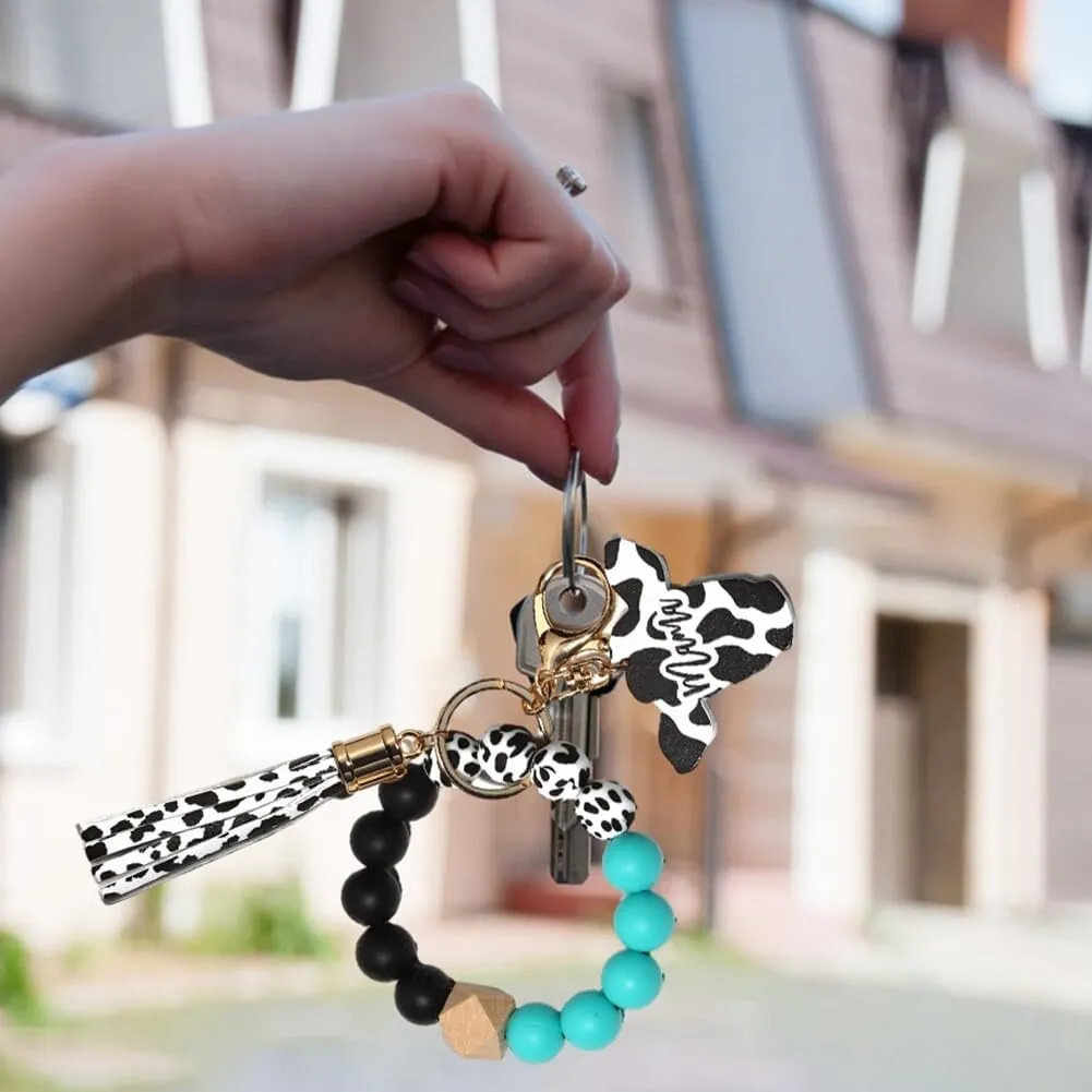 Keychain Bracelet Wristlet with Tassel, Silicone Cow Print Beaded Key Ring Bracelet with Card Wallet, Cute Boho Car Key Chain Wristlet Elastic Keyring Bangle for Womens Protection, Type 6
