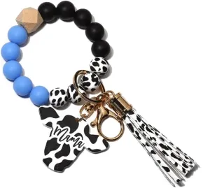 Keychain Bracelet Wristlet with Tassel, Silicone Cow Print Beaded Key Ring Bracelet with Card Wallet, Cute Boho Car Key Chain Wristlet Elastic Keyring Bangle for Womens Protection, Type 6