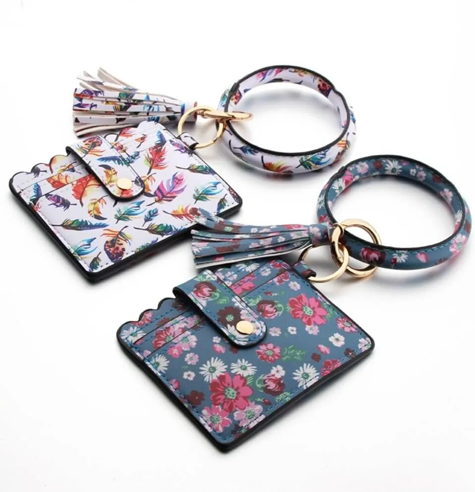Keychain Bracelet Wristlet,Wallet Key Holder Circle Key Ring Chain with Tassel Card Holder Purse for Car Keys