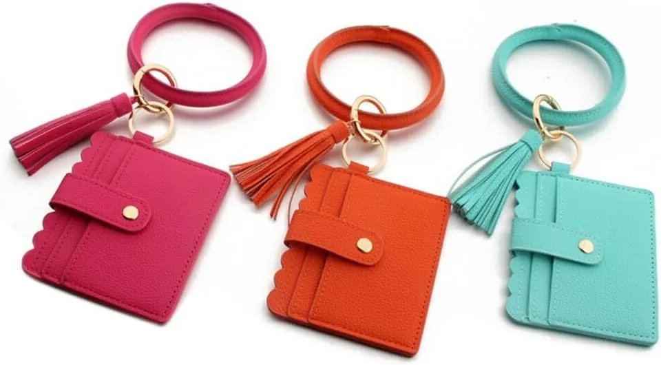 Keychain Bracelet Wristlet,Wallet Key Holder Circle Key Ring Chain with Tassel Card Holder Purse for Car Keys