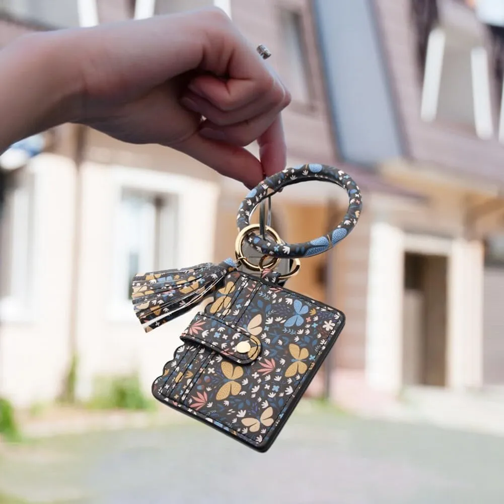 Keychain Bracelet Wristlet,Wallet Key Holder Circle Key Ring Chain with Tassel Card Holder Purse for Car Keys
