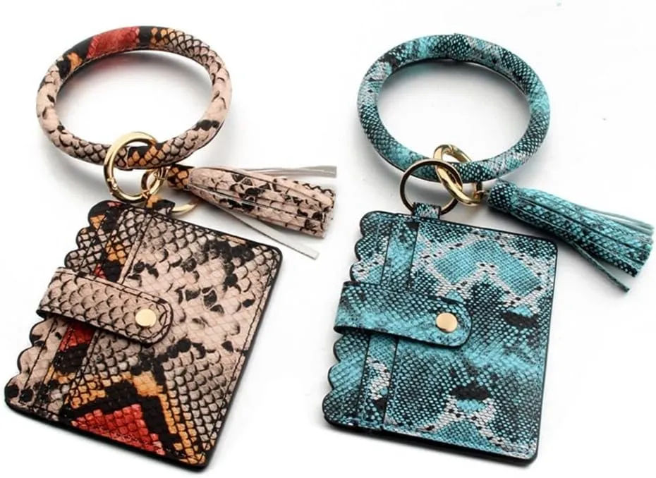 Keychain Bracelet Wristlet,Wallet Key Holder Circle Key Ring Chain with Tassel Card Holder Purse for Car Keys