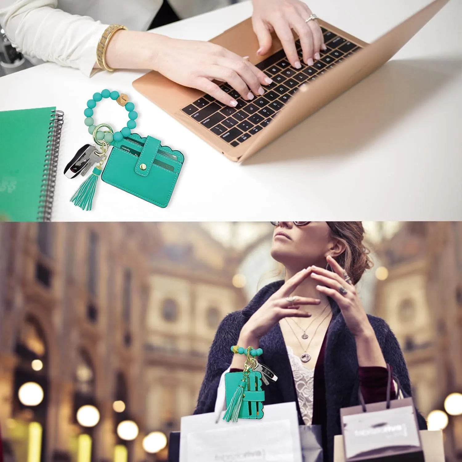Keychain Wallet Wristlet Small Credit Card Holder Bracelet Key Chain Purse Bangle Tassel Beads Key Rings for Women