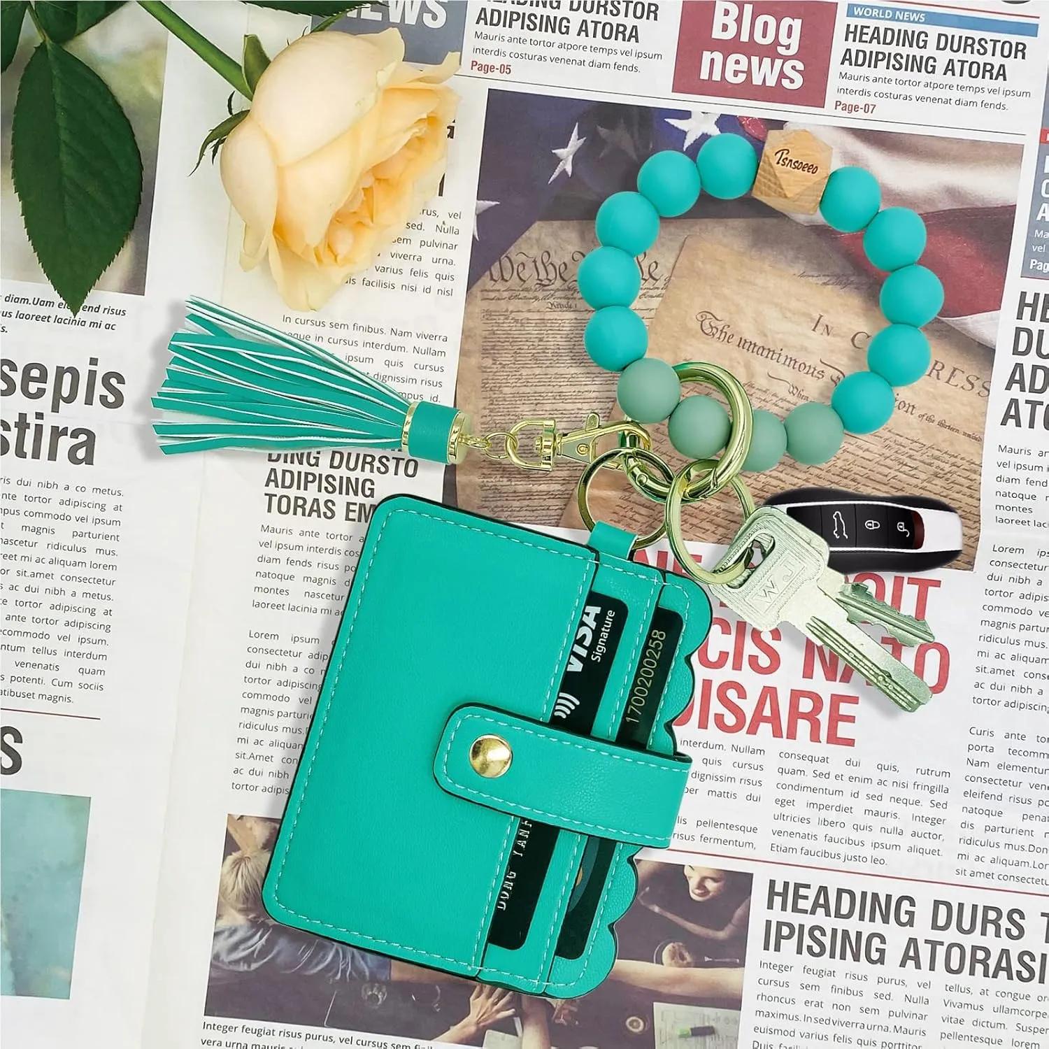 Keychain Wallet Wristlet Small Credit Card Holder Bracelet Key Chain Purse Bangle Tassel Beads Key Rings for Women