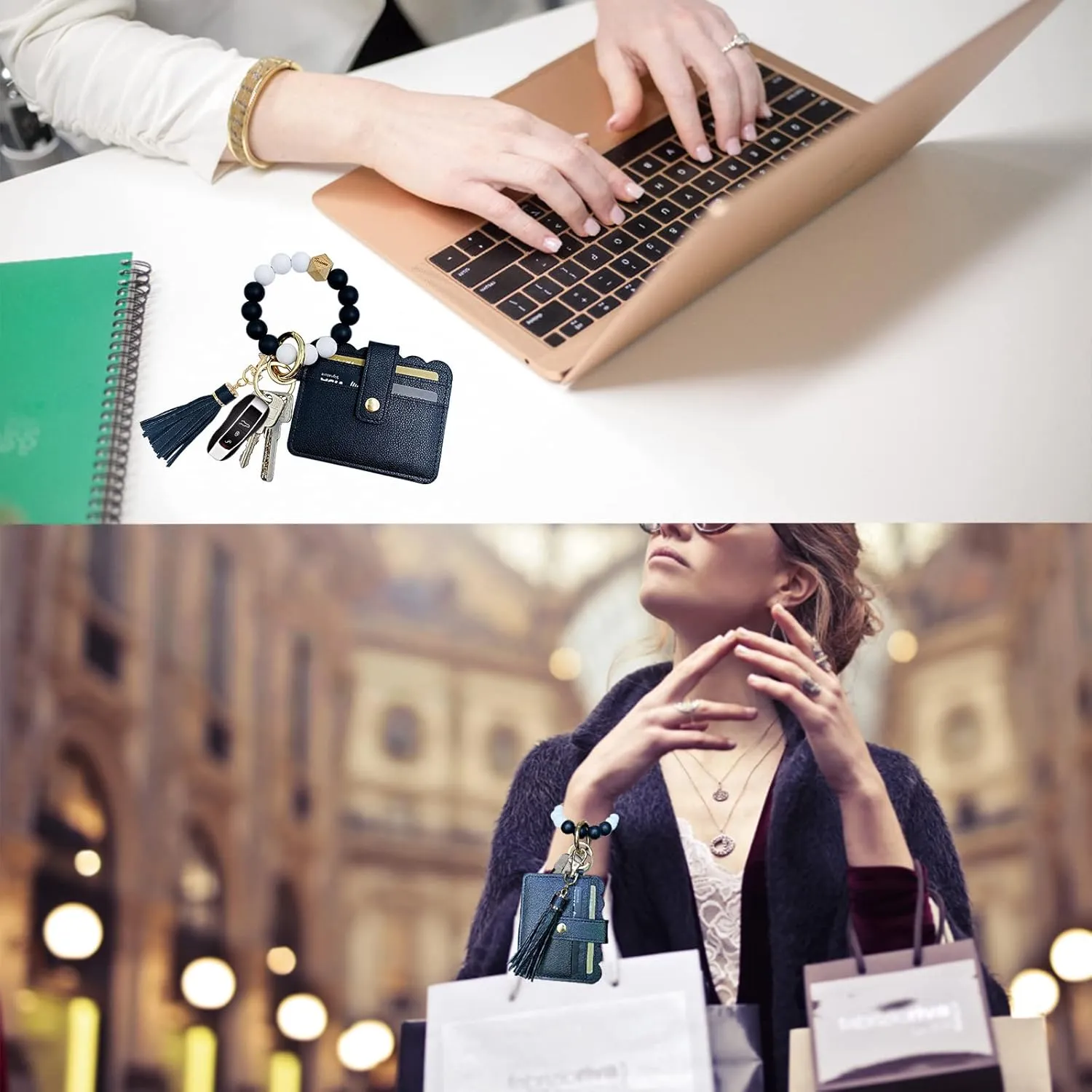 Keychain Wallet Wristlet Small Credit Card Holder Bracelet Key Chain Purse Bangle Tassel Beads Key Rings for Women