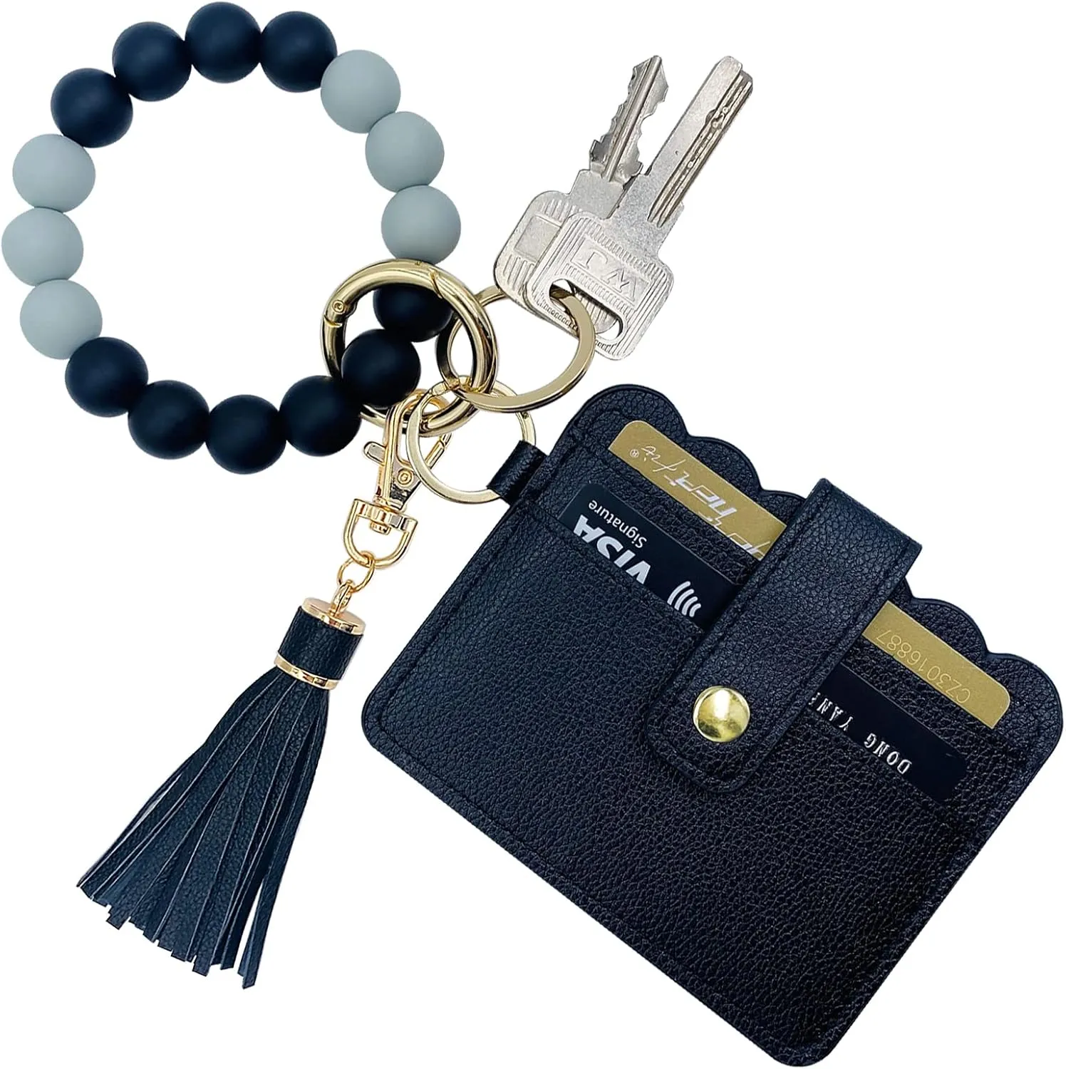 Keychain Wallet Wristlet Small Credit Card Holder Bracelet Key Chain Purse Bangle Tassel Beads Key Rings for Women