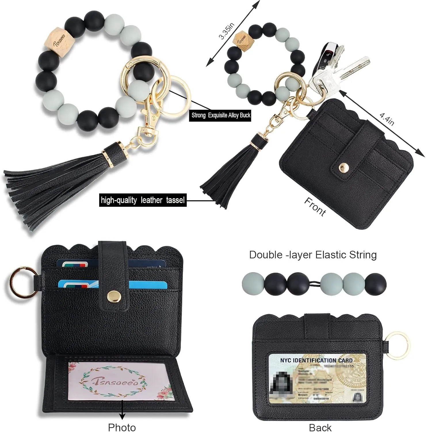 Keychain Wallet Wristlet Small Credit Card Holder Bracelet Key Chain Purse Bangle Tassel Beads Key Rings for Women