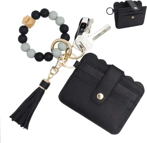 Keychain Wallet Wristlet Small Credit Card Holder Bracelet Key Chain Purse Bangle Tassel Beads Key Rings for Women