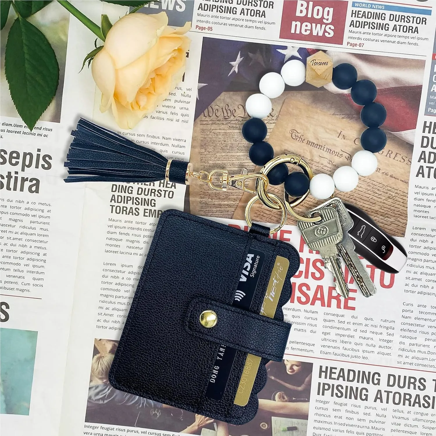 Keychain Wallet Wristlet Small Credit Card Holder Bracelet Key Chain Purse Bangle Tassel Beads Key Rings for Women