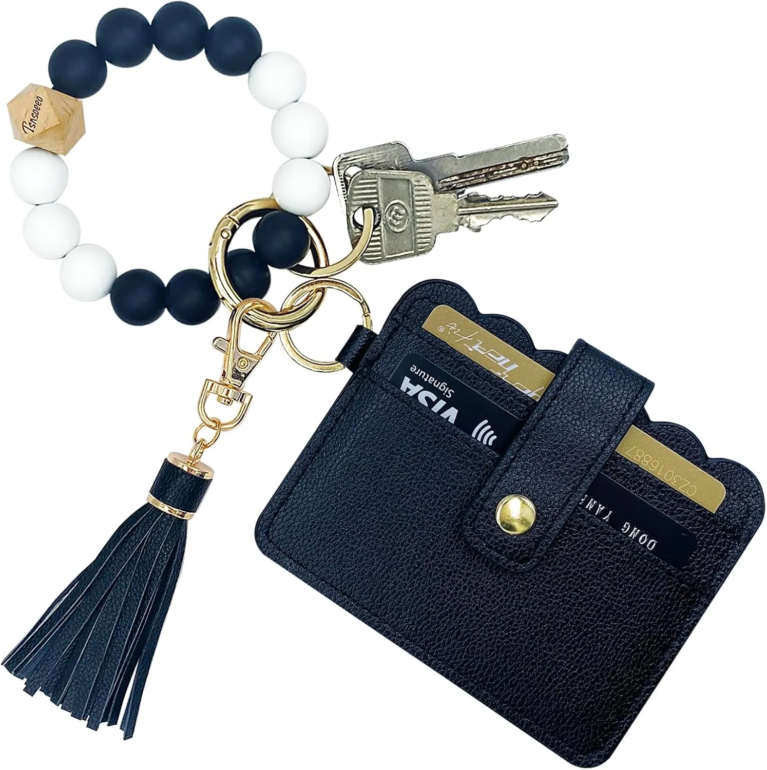 Keychain Wallet Wristlet Small Credit Card Holder Bracelet Key Chain Purse Bangle Tassel Beads Key Rings for Women