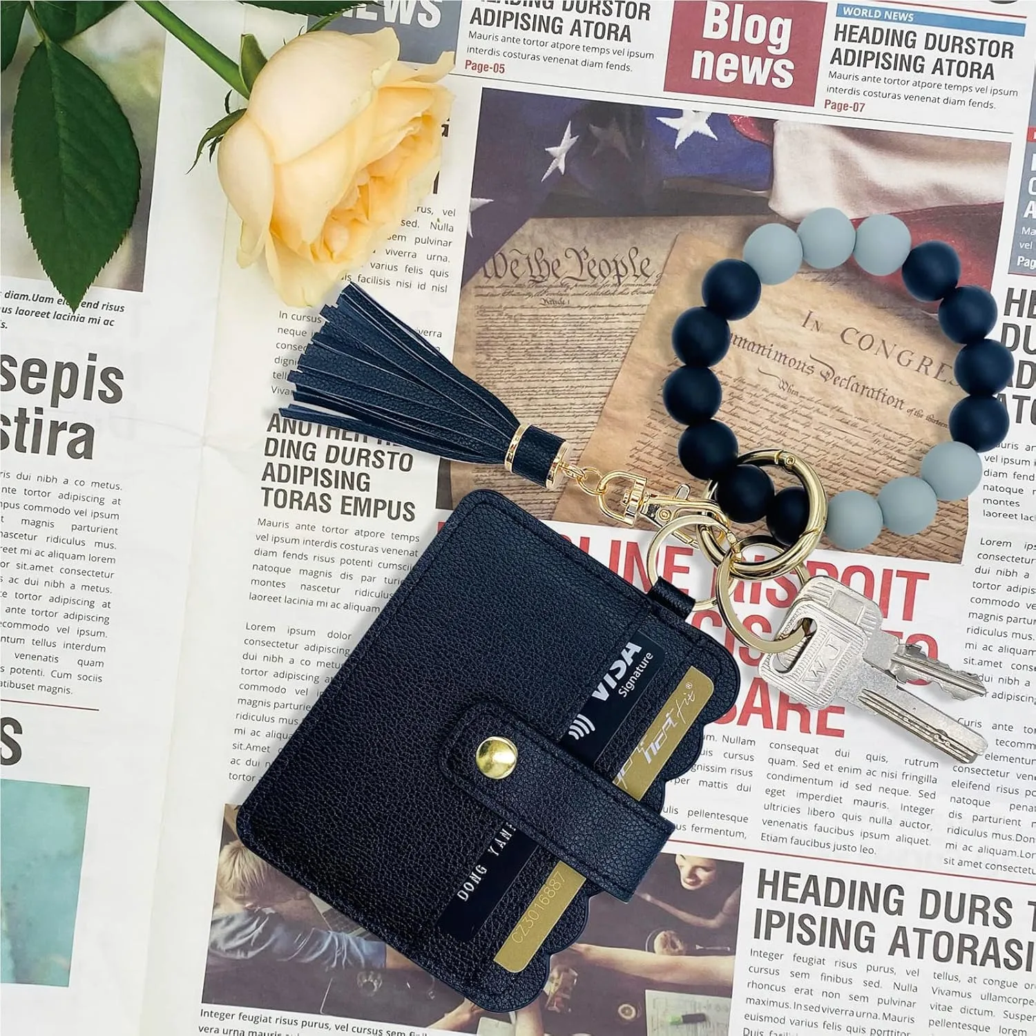 Keychain Wallet Wristlet Small Credit Card Holder Bracelet Key Chain Purse Bangle Tassel Beads Key Rings for Women