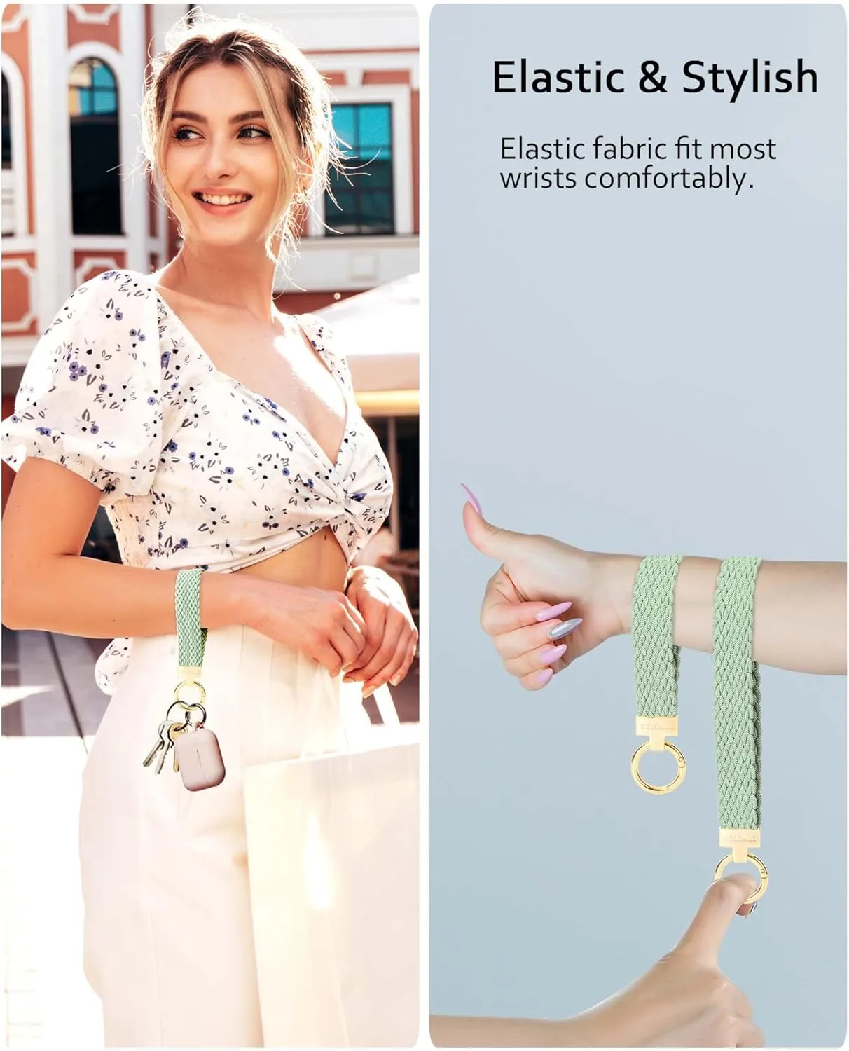 Keychain Wristlet, Stretchy Key Chain for Car Keys with 2 Keyrings and D ring, Cute Wrist Lanyard for Women Men