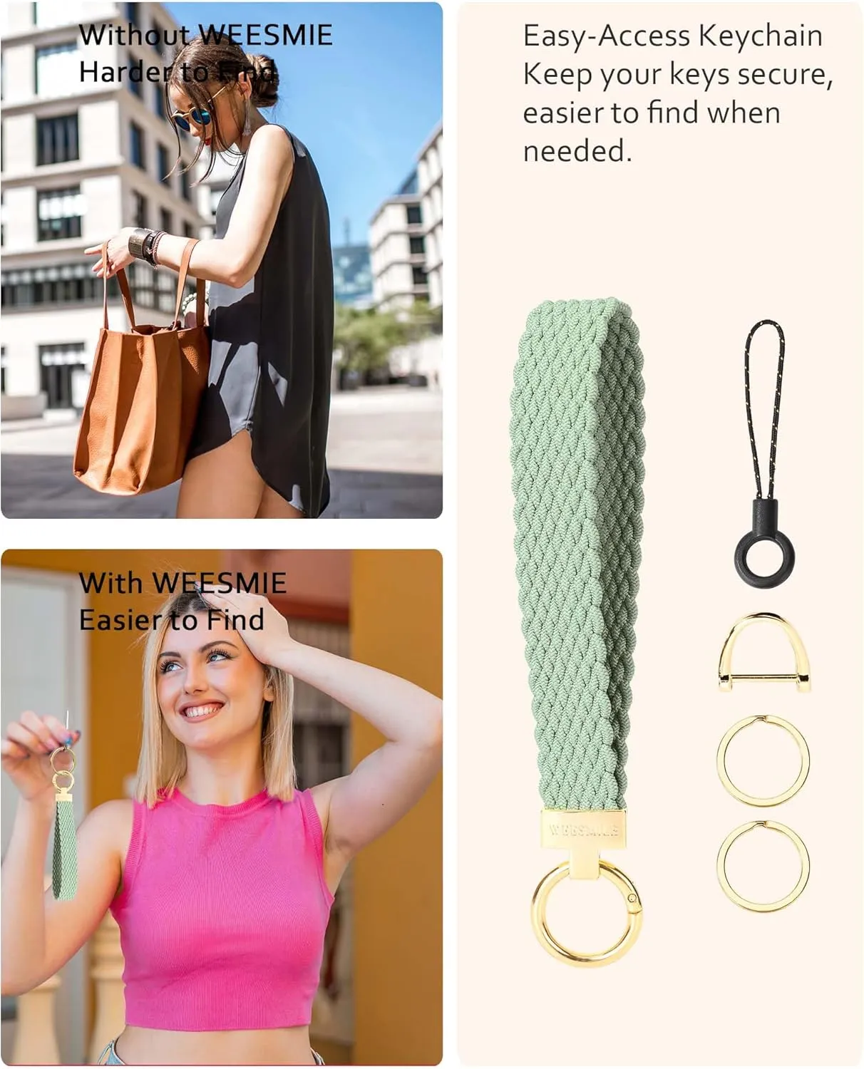 Keychain Wristlet, Stretchy Key Chain for Car Keys with 2 Keyrings and D ring, Cute Wrist Lanyard for Women Men