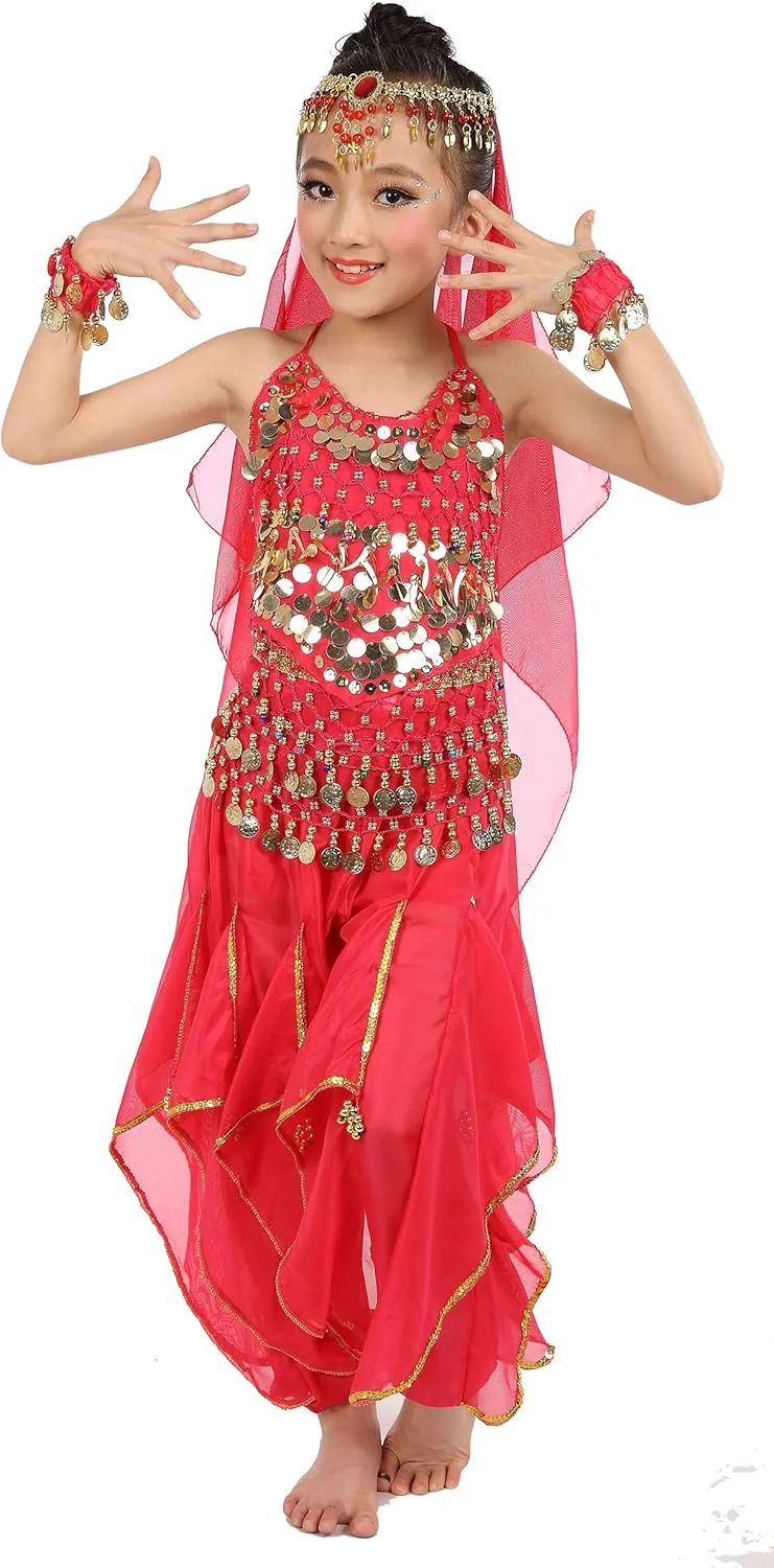 Kids Girls Belly Dance Halter Top Pants Costume Set Halloween Outfit with Head Veil Waist Chain and Bracelets