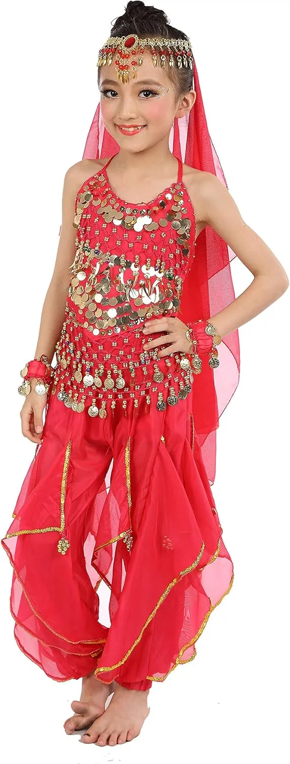 Kids Girls Belly Dance Halter Top Pants Costume Set Halloween Outfit with Head Veil Waist Chain and Bracelets