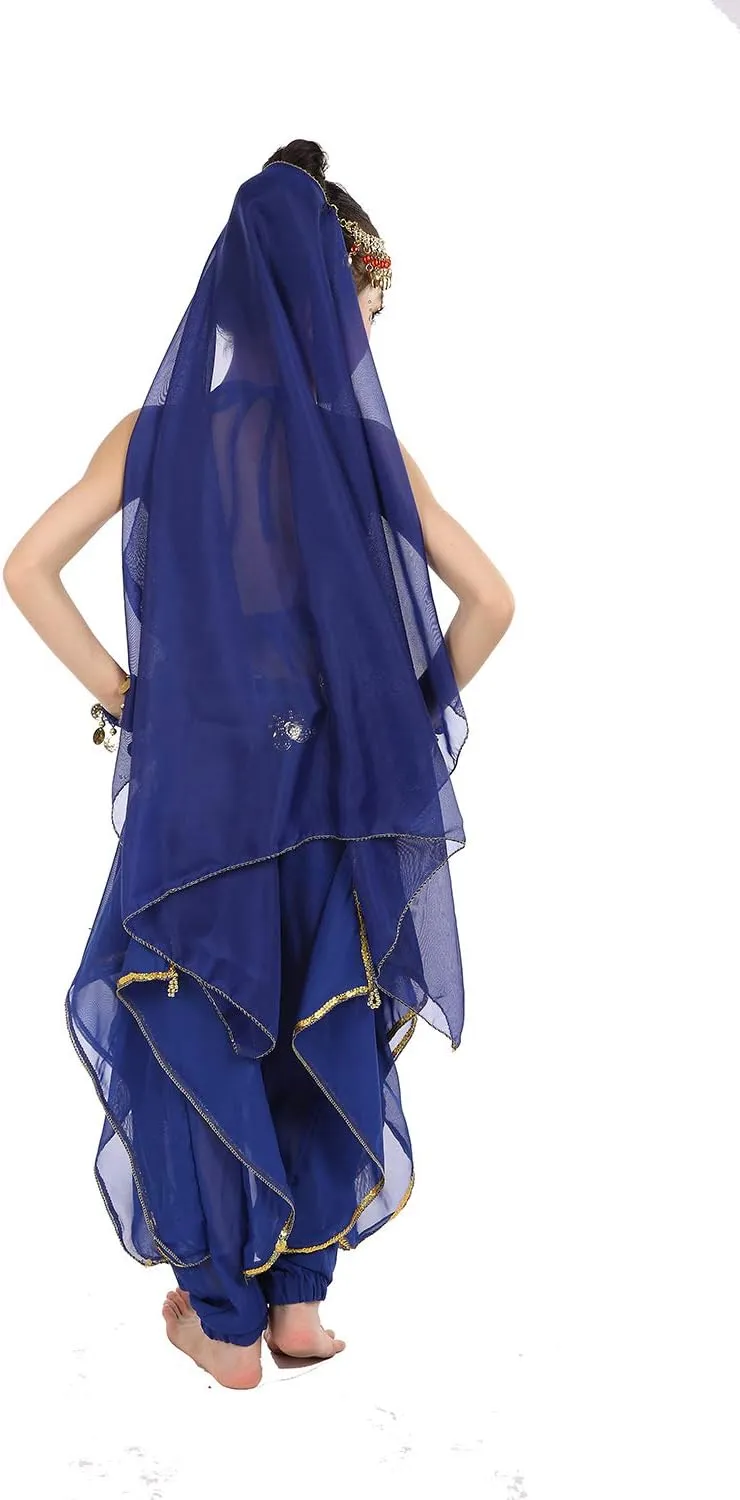 Kids Girls Belly Dance Halter Top Pants Costume Set Halloween Outfit with Head Veil Waist Chain and Bracelets