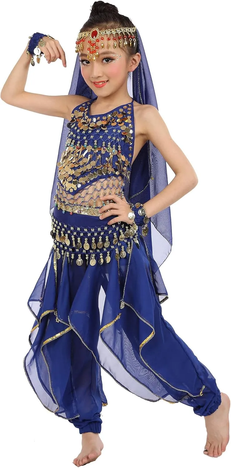 Kids Girls Belly Dance Halter Top Pants Costume Set Halloween Outfit with Head Veil Waist Chain and Bracelets