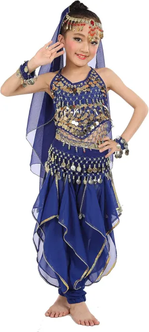 Kids Girls Belly Dance Halter Top Pants Costume Set Halloween Outfit with Head Veil Waist Chain and Bracelets