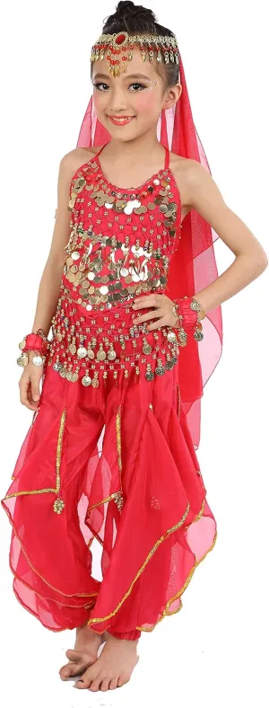 Kids Girls Belly Dance Halter Top Pants Costume Set Halloween Outfit with Head Veil Waist Chain and Bracelets