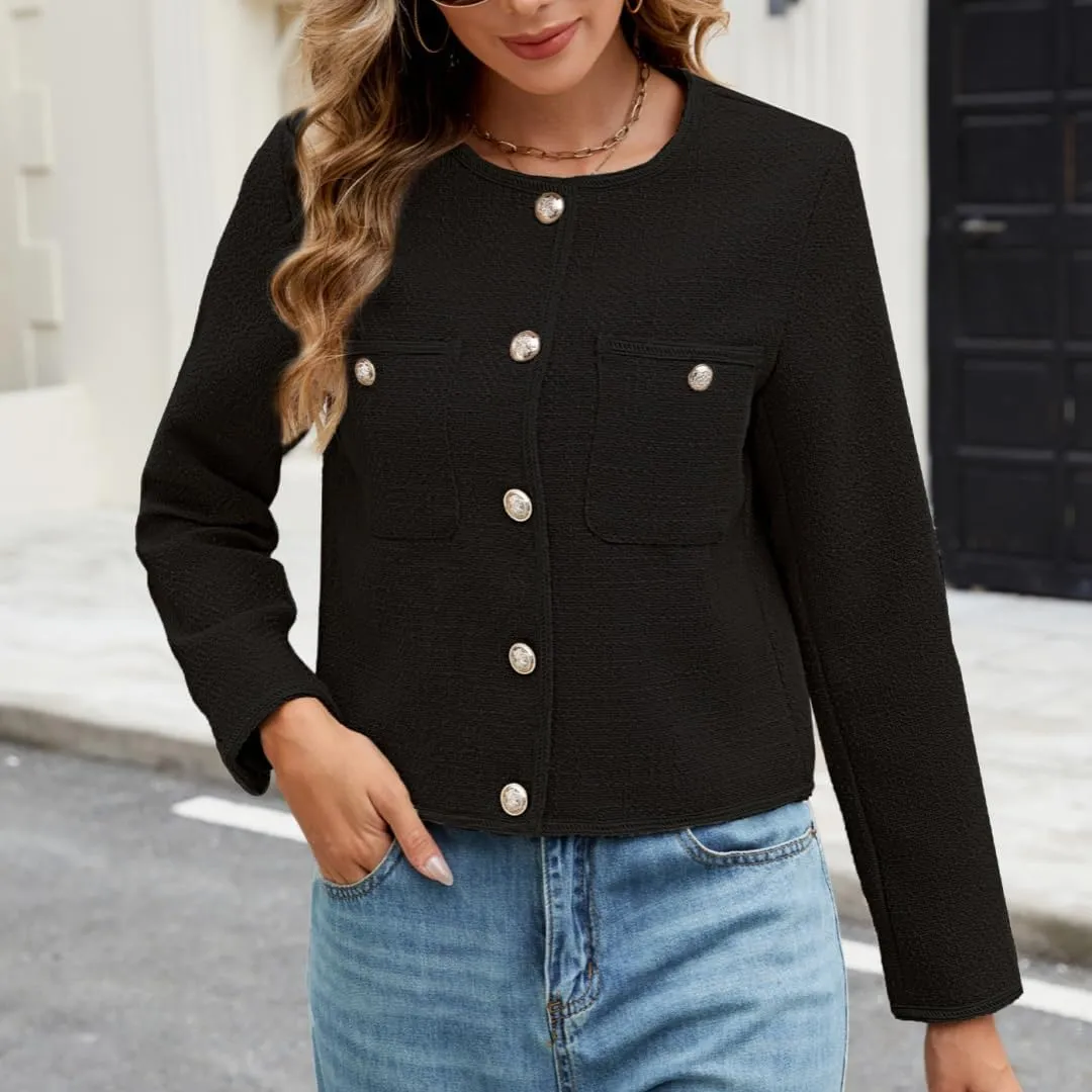 Ladyful Cropped Tweed Blazer for Women Collarless Casual Work Business Tweed Jacket Elegant Fall Trendy Ladies Coat