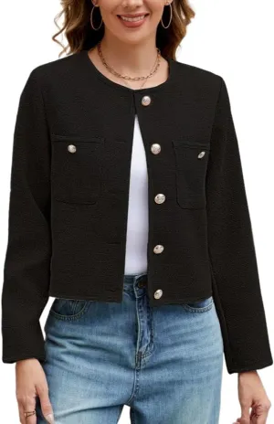 Ladyful Cropped Tweed Blazer for Women Collarless Casual Work Business Tweed Jacket Elegant Fall Trendy Ladies Coat