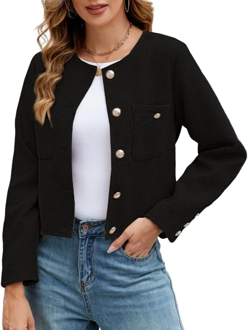 Ladyful Cropped Tweed Blazer for Women Collarless Casual Work Business Tweed Jacket Elegant Fall Trendy Ladies Coat