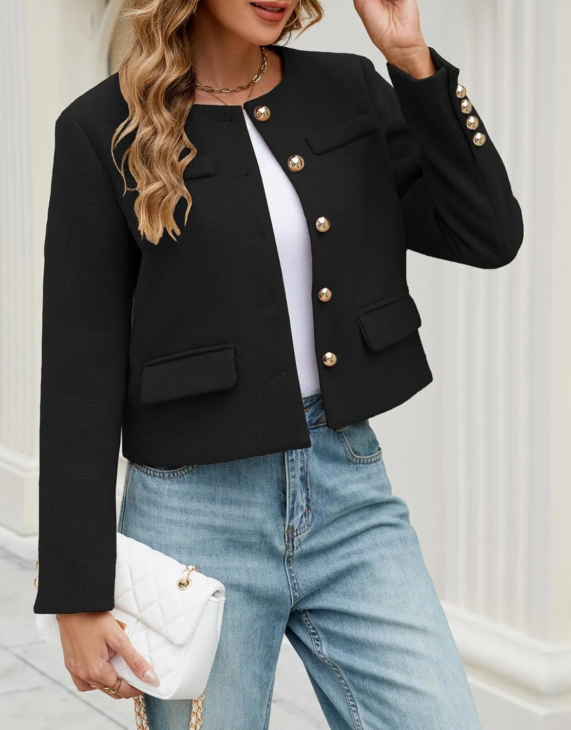 Ladyful Womens Cropped Tweed Blazer Jacket Collarless Long Sleeve Office Work Coat Fall Business Outerwear