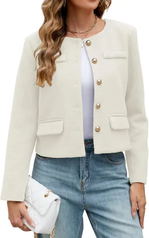 Ladyful Womens Cropped Tweed Blazer Jacket Collarless Long Sleeve Office Work Coat Fall Business Outerwear