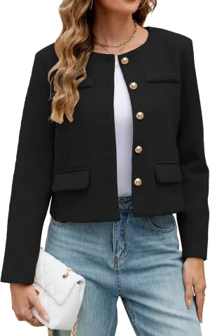 Ladyful Womens Cropped Tweed Blazer Jacket Collarless Long Sleeve Office Work Coat Fall Business Outerwear