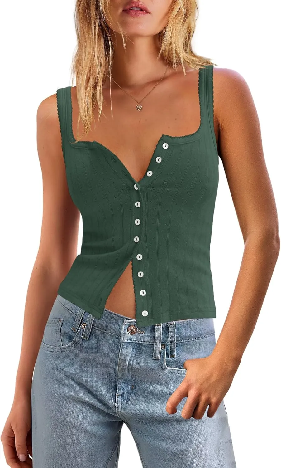LAMISSCHE Womens Crop Ribbed Tank Tops Summer Sleeveless Square Neck Tops Basic Button Down Going Out Camisole