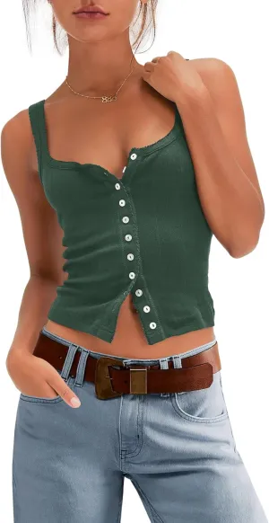 LAMISSCHE Womens Crop Ribbed Tank Tops Summer Sleeveless Square Neck Tops Basic Button Down Going Out Camisole