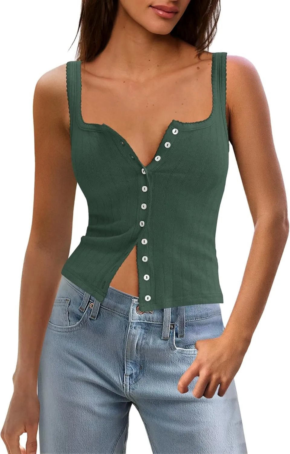LAMISSCHE Womens Crop Ribbed Tank Tops Summer Sleeveless Square Neck Tops Basic Button Down Going Out Camisole