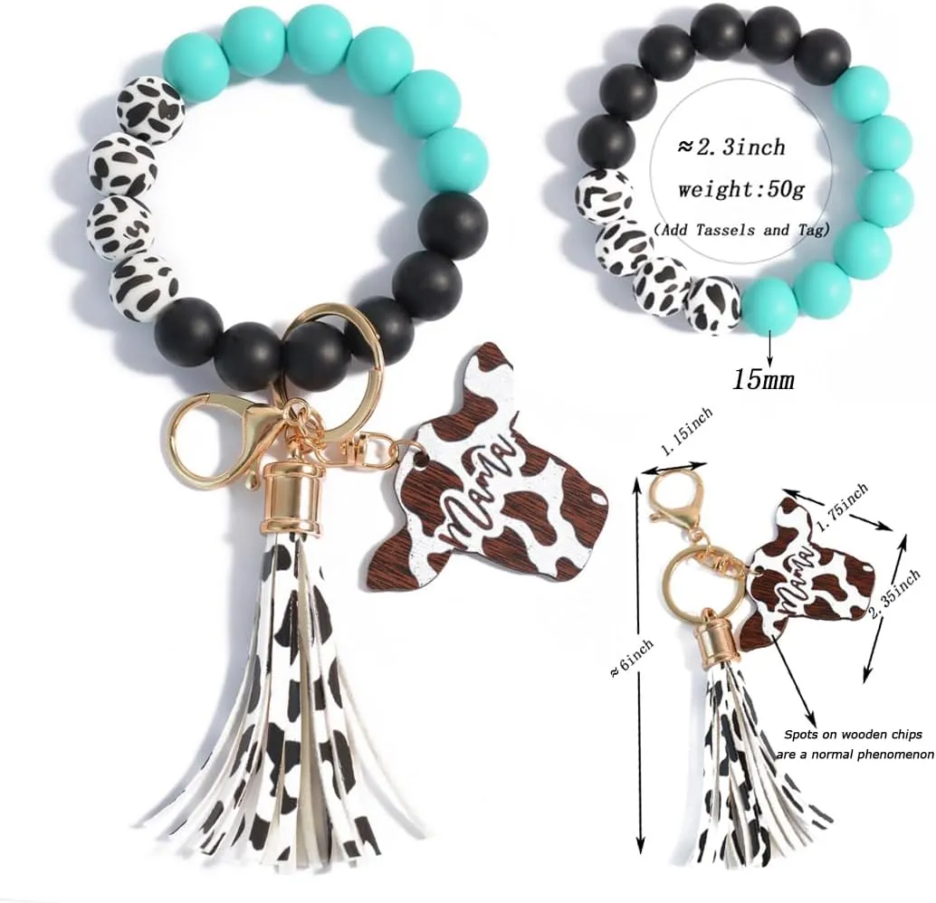 Lantintop Silicone Key Ring Bracelet Women Beaded Portable Wristlet Mama Keychain with Tassels Hanging House Car Keys Rings