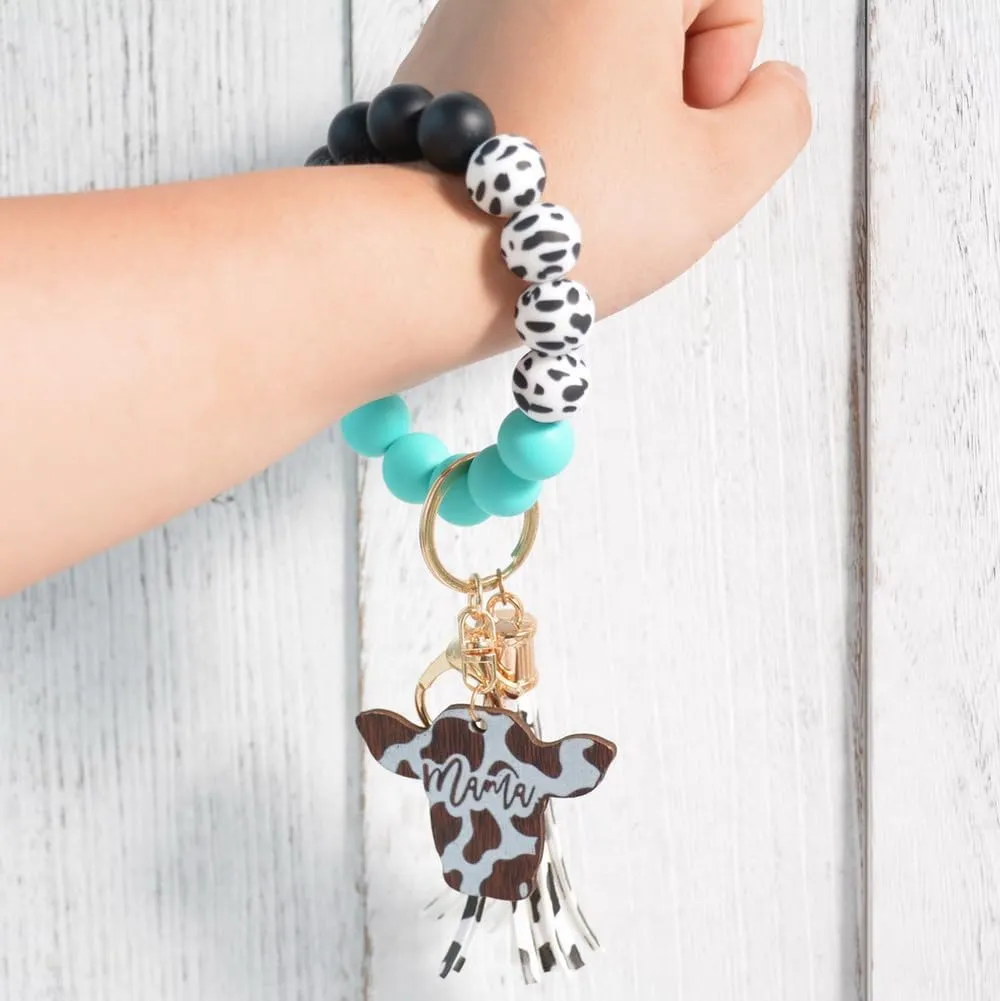 Lantintop Silicone Key Ring Bracelet Women Beaded Portable Wristlet Mama Keychain with Tassels Hanging House Car Keys Rings