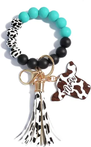 Lantintop Silicone Key Ring Bracelet Women Beaded Portable Wristlet Mama Keychain with Tassels Hanging House Car Keys Rings