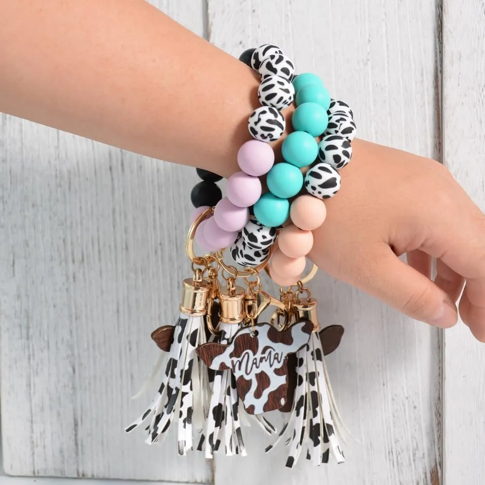 Lantintop Silicone Key Ring Bracelet Women Beaded Portable Wristlet Mama Keychain with Tassels Hanging House Car Keys Rings