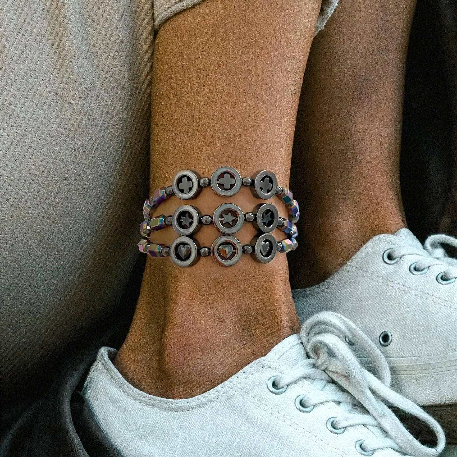 Layered Anklets Women Heart Ankle Bracelet Hematite Charm Beaded Dainty Foot Jewelry for Women and Teen Girls Summer Barefoot Beach Anklet