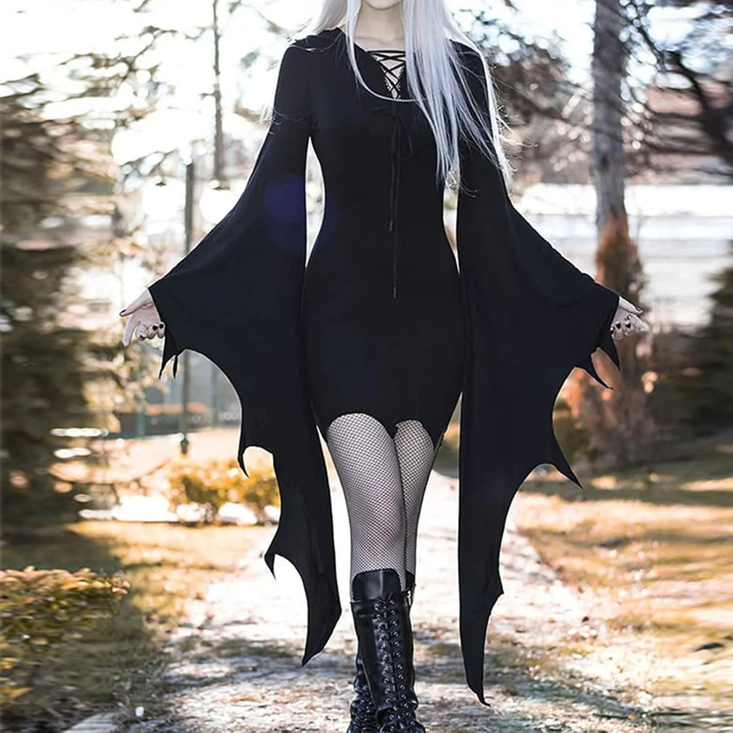 LCMTWX Halloween Costumes for Women Cold Shoulder Butterfly Sleeve Costumes Mesh Lace Light Long Sleeve Dresses for