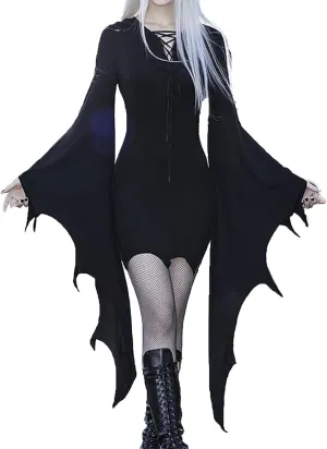 LCMTWX Halloween Costumes for Women Cold Shoulder Butterfly Sleeve Costumes Mesh Lace Light Long Sleeve Dresses for