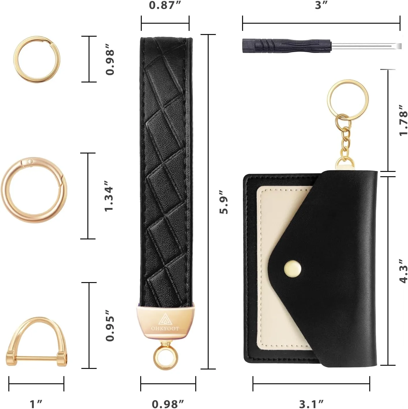 Leather Wristlet Keychain,Wrist Keychain Car Key Chain with 3 Key Rings,D Ring and Slim Wallet