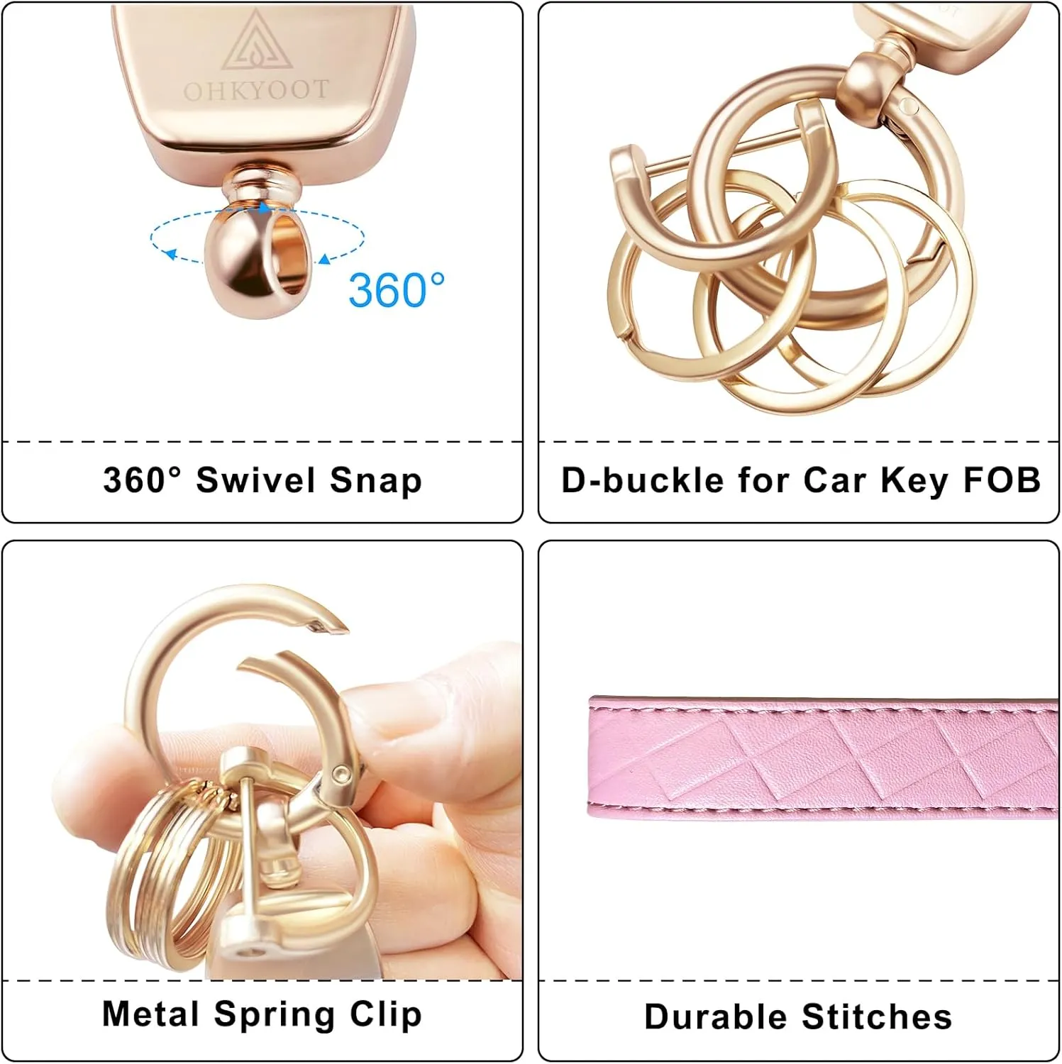 Leather Wristlet Keychain,Wrist Keychain Car Key Chain with 3 Key Rings,D Ring and Slim Wallet