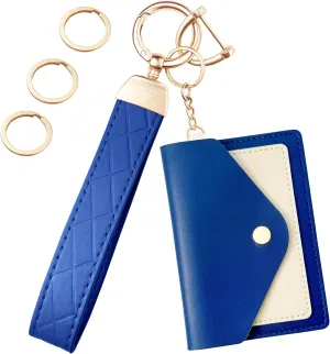 Leather Wristlet Keychain,Wrist Keychain Car Key Chain with 3 Key Rings,D Ring and Slim Wallet
