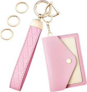 Leather Wristlet Keychain,Wrist Keychain Car Key Chain with 3 Key Rings,D Ring and Slim Wallet