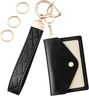 Leather Wristlet Keychain,Wrist Keychain Car Key Chain with 3 Key Rings,D Ring and Slim Wallet