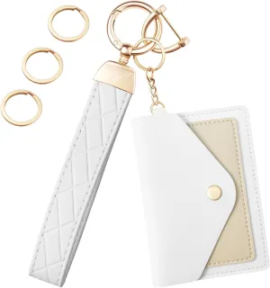 Leather Wristlet Keychain,Wrist Keychain Car Key Chain with 3 Key Rings,D Ring and Slim Wallet