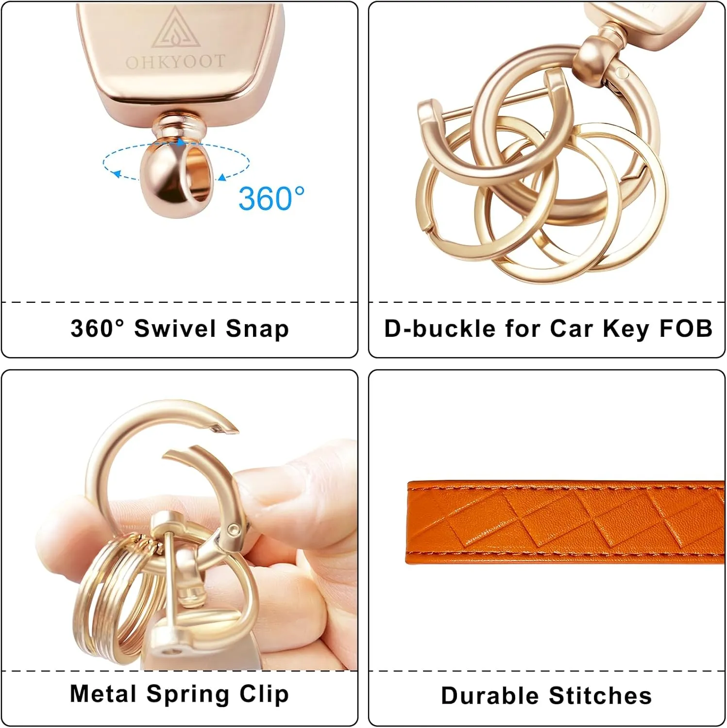 Leather Wristlet Keychain,Wrist Keychain Car Key Chain with 3 Key Rings,D Ring and Slim Wallet