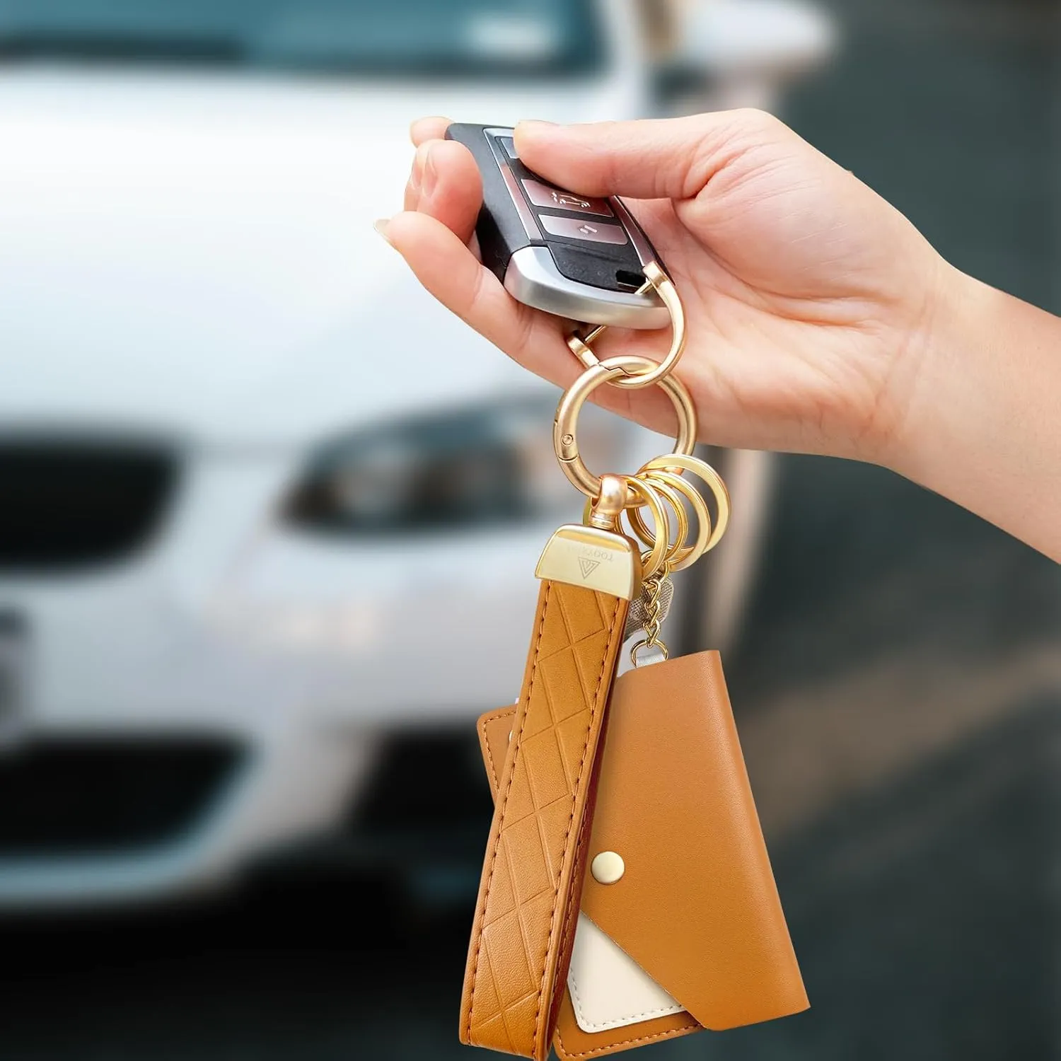 Leather Wristlet Keychain,Wrist Keychain Car Key Chain with 3 Key Rings,D Ring and Slim Wallet