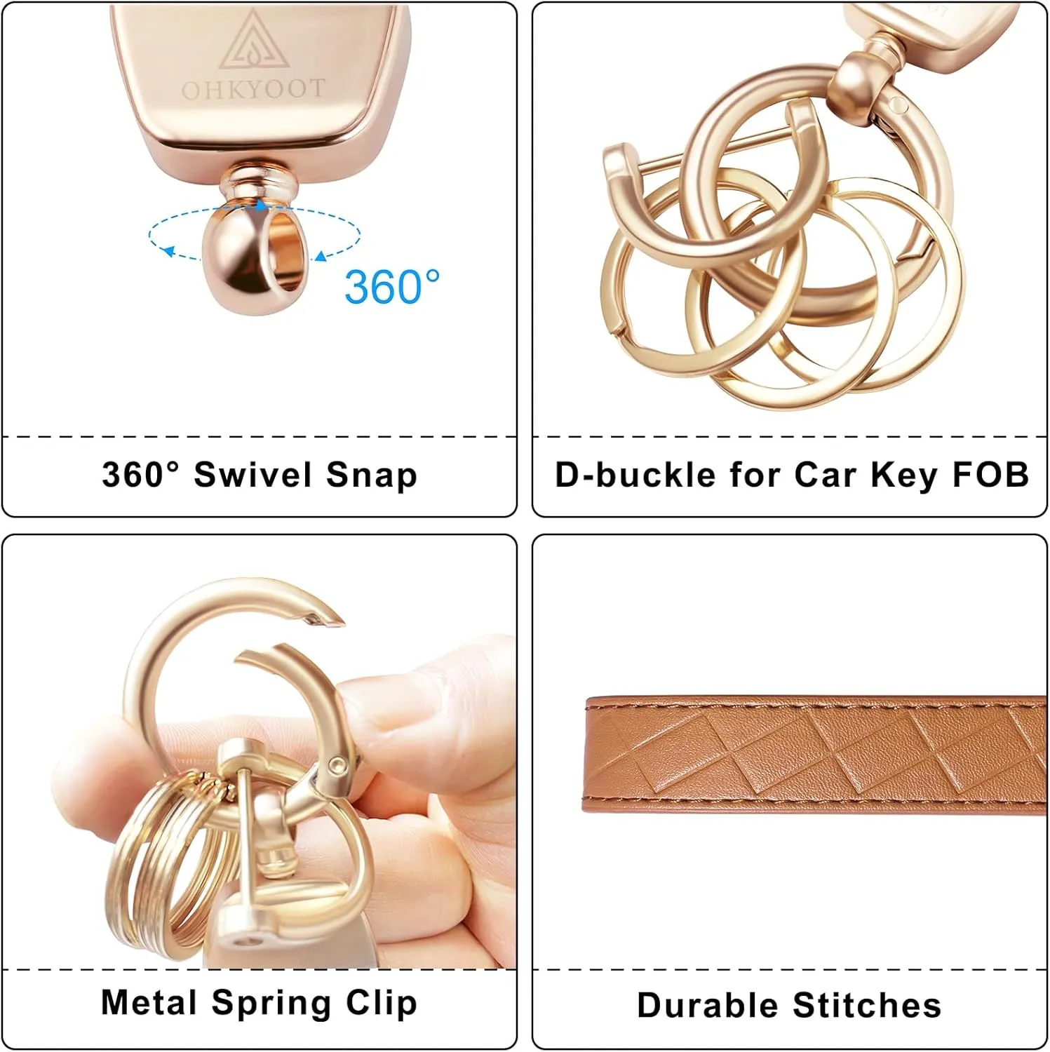 Leather Wristlet Keychain,Wrist Keychain Car Key Chain with 3 Key Rings,D Ring and Slim Wallet